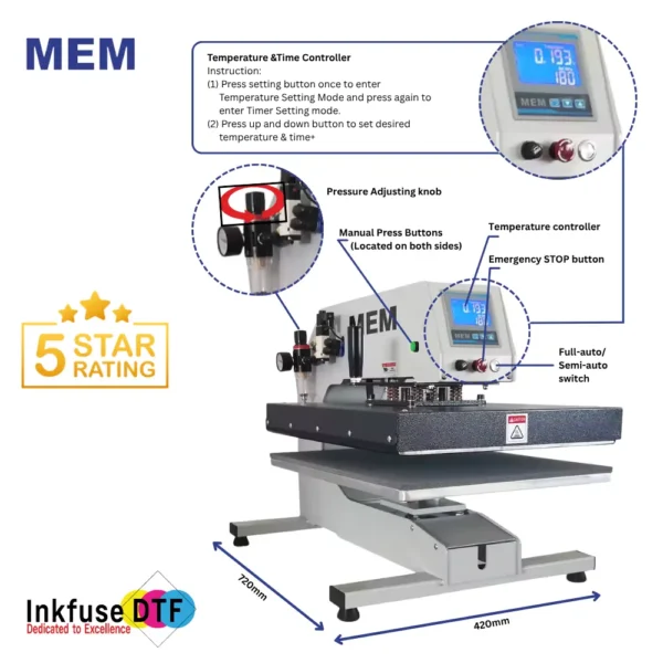 InkfuseDTF Pneumatic Swing Away Heat Press Spec V3